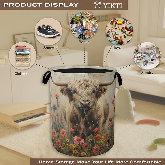Highland Cow Laundry Hamper,Watercolor Spring Flower Clothes Hamper for Laundry,Waterproof Oxford Toy Storage Collapsible Hampers for Bedroom, Dorm Room,Bathroom,16x20 Inch