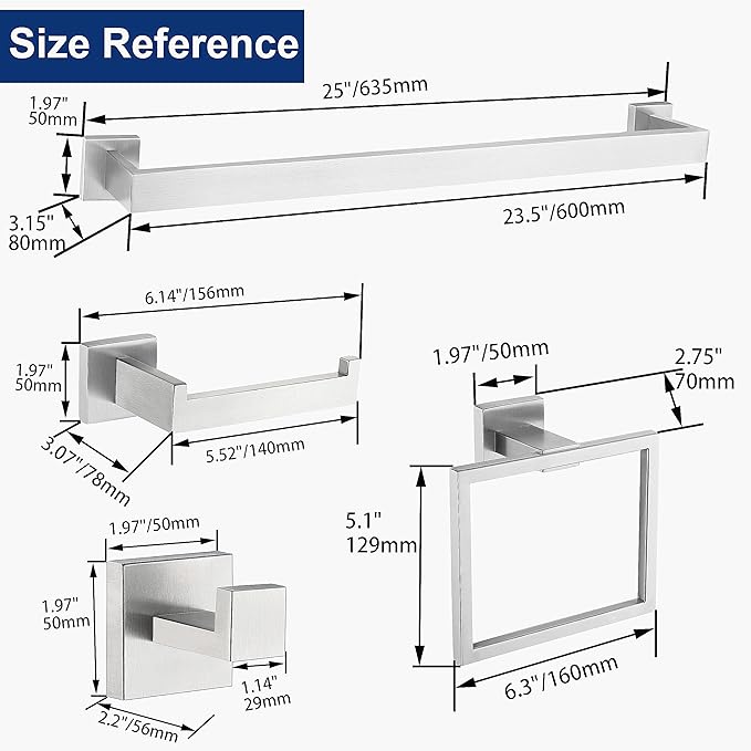 10 Pieces Bathroom Hardware Accessories Set Brushed Nickel,24 Inch Bathroom Towel Rack Set SUS304 Stainless Steel, Square Bath Towel bar Set Heavy Duty, Wall Mounted
