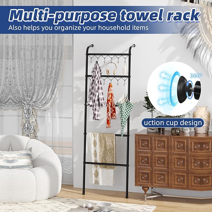 Simple Trending Blanket Ladder，5 Tier Metal Towel Rack with 12 Hooks, 79'' Metal Style Decorative Ladder for The Living Room Bedroom Bathroom Home Decor, Black