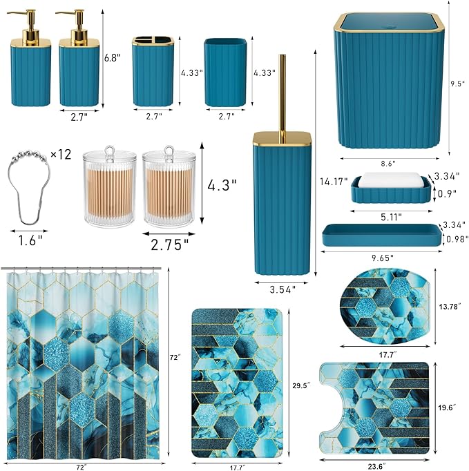 XLHOMO Bathroom Set - 26PC Bathroom Set with Shower Curtain and Rugs, Bathroom Accessory Set, Teal Bathroom Accessories Set, Trash Can & Soap Dispenser