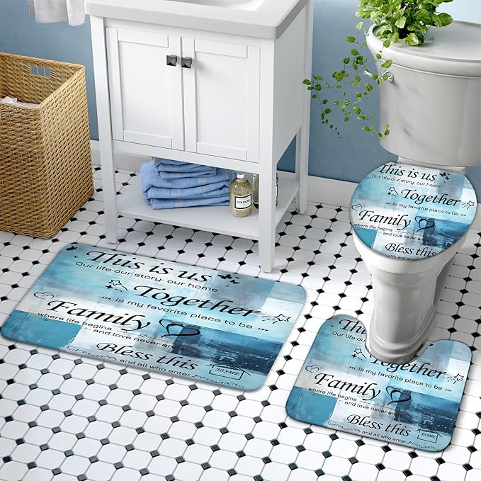 Lnond 4Pcs Bathroom Shower Curtain Sets with Rugs, Blue Motivational Home Family Bathroom Sets with Shower Curtain and Rugs and Accessories