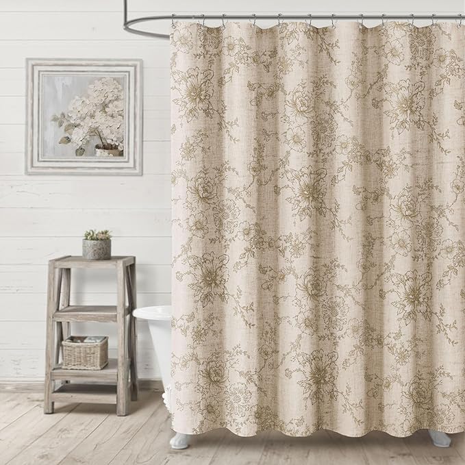 Farmhouse Floral Linen Shower Curtain, Vintage Beige Pattern Rustic Shower Curtains for Bathroom, Tan Taupe,72x72