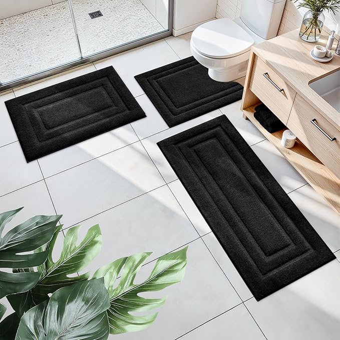HOMEIDEAS Bathroom Rugs Sets 3 Piece, Microfiber Shaggy Bath Mat Set, Non-Slip Ultra Soft Carpet Mats, Large Rugs with U-Shaped Toilet for Bathroom, Tub, Shower, Black