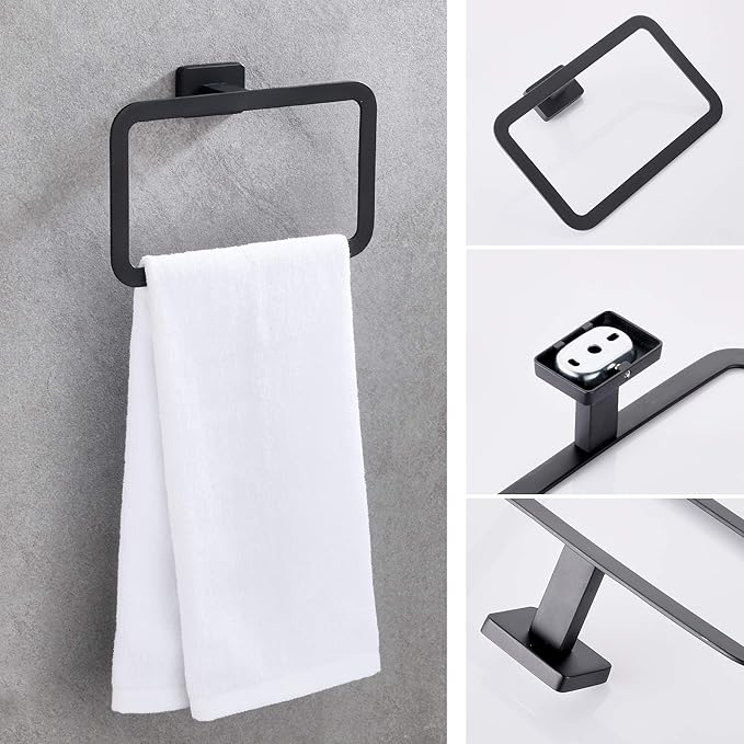 GERUIKE 4 Piece Bathroom Hardware Accessories Set,Matt Black Stainless Steel Towel Bar Sets Wall Mounted - Includes 16" Towel Bar, Square Towel Ring, Toilet Paper Holder, Robe Towel Hook