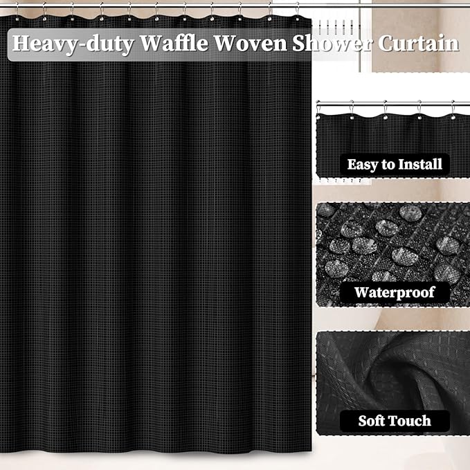 Bathroom Accessories Set, 25PCS Wicker Bathroom Accessory Set with Shower Curtain, Bath Mat, Soap Dispenser, Handwoven Trash Can & Ratten Tissue Box (Black, Bath Set+Shower Curtain+Rugs)