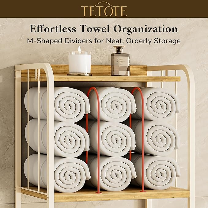TETOTE 5-Tier Bathroom Towel Rack Metal Towel Storage Organizer M-Shaped Detachable Dividers Towel Holder for Pool, Laundry, White