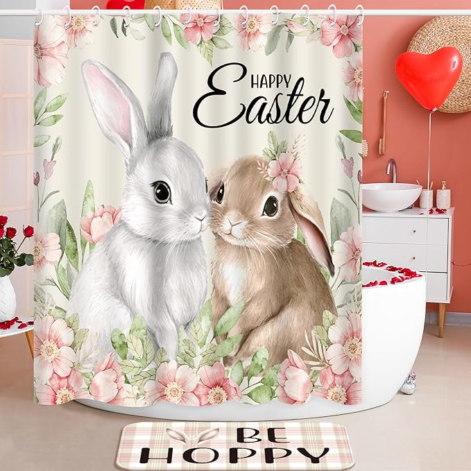 Rtteri 4 Pcs Easter Shower Curtains for Bathroom, Easter Bathroom Decor with Non-Slip Rugs Toilet Lid Cover and Bath Mat Bunny Curtain Decor Set with 12 Hooks(Bunny)