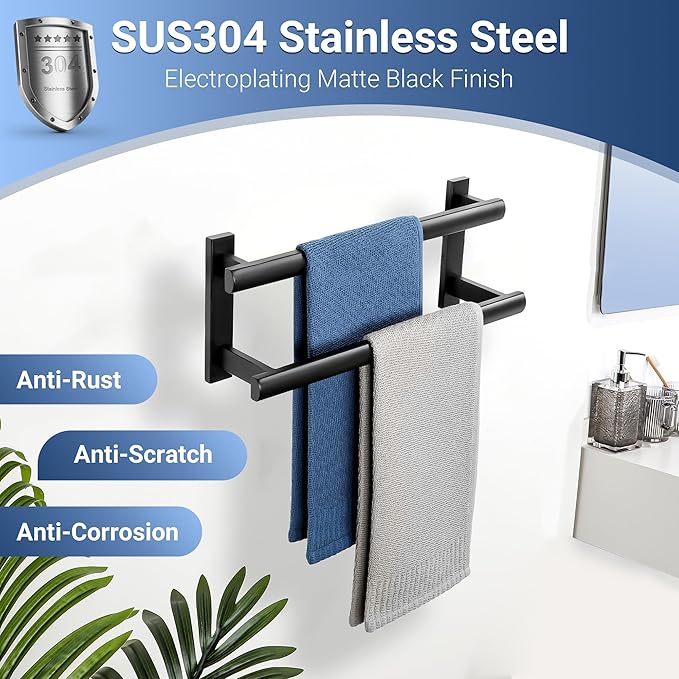 SAYAYO Towel Rack for Bathroom, 16 Inch Matte Black Double Towel Bar Towel Holder Wall Mount, SUS304 Stainless Steel