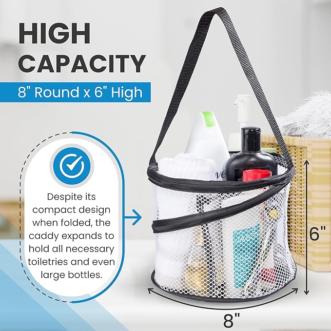Handy Laundry Foldable Shower Caddy - Collapsible, Portable, Drainage Hole, Carry Handle, Large Compartments, Great Organizer for Camp, Travel, Gym, and Dorm (Black) (Pack of 2)