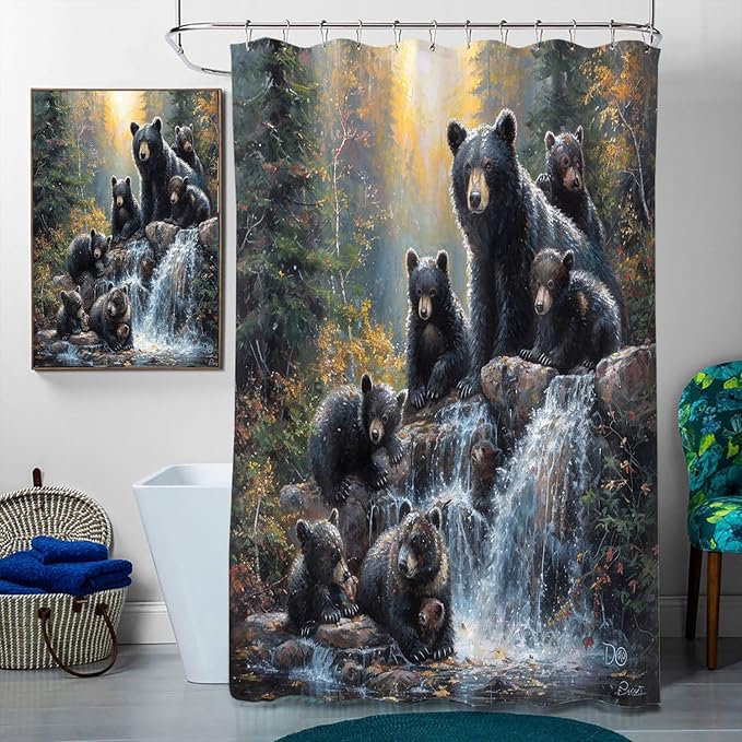 4 Pcs Black Bear Bathroom Shower Curtain Set with Rugs,Toilet Lid Cover, Bath Mat, Wildlife Bear Vintage Cabin Forest Waterfall Bathroom Decor Sets Accessories with 12 Hooks