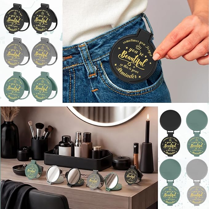 36 Pcs 2.76 Inch Inspirational Compact Mirror Bulk Galentines Women Small Gifts Valentine's Day Party Favors Purse Mirror Pocket Mini Stuffer Items for Adult Coworker Employee (Neutral Colors)