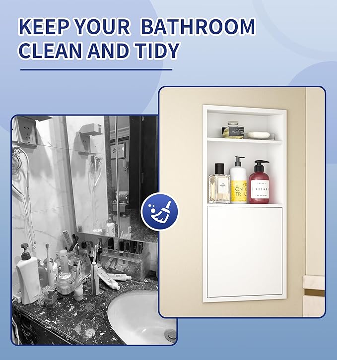 Recessed Medicine Cabinet with Door 24" X 12" White Wall Medicine Cabinets with 3-Tier Shelf 304 Stainless Steel Niche Shower for Bathroom Storage
