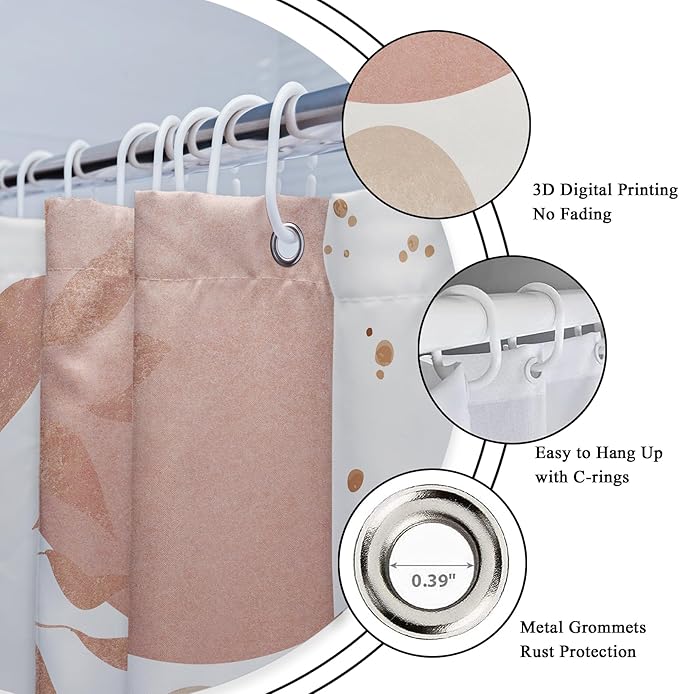 Riyidecor Boho Pink Gold 4Pcs Bathroom Shower Curtain Sets Mid Century Modern Minimalist Leaves Bathroom Decor Set with Rugs and Accessories Abstract Toilet Lid Rug, Contour and Bath Mat with 12 Hooks