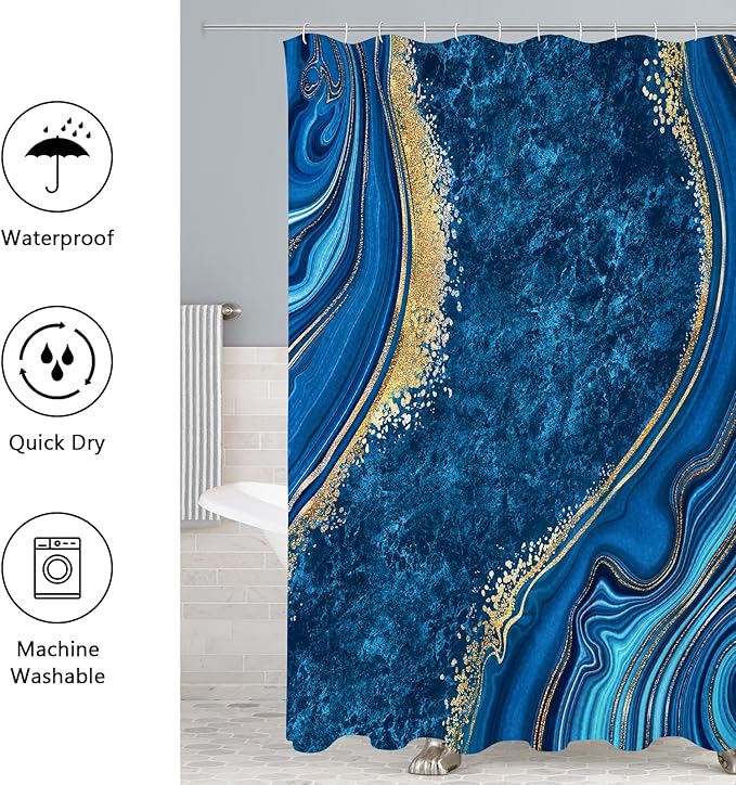 Gibelle 4 Pcs Luxury Marble Shower Curtain Set with Non-Slip Rugs, Toilet Lid Cover and Bath Mat, Gold Foil Blue Bathroom Decor Set with Shower Curtain and Rugs and Accessories