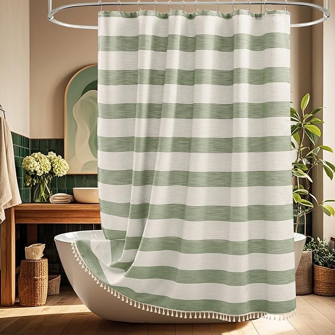Boho Farmhouse Thick Shower Curtain with Tassels, 350GSM Cotton Linen Soft Fabric Shower Curtain Heavyweight, Sage Green Rustic Country Striped Bathroom Decor Curtain Water Repellent