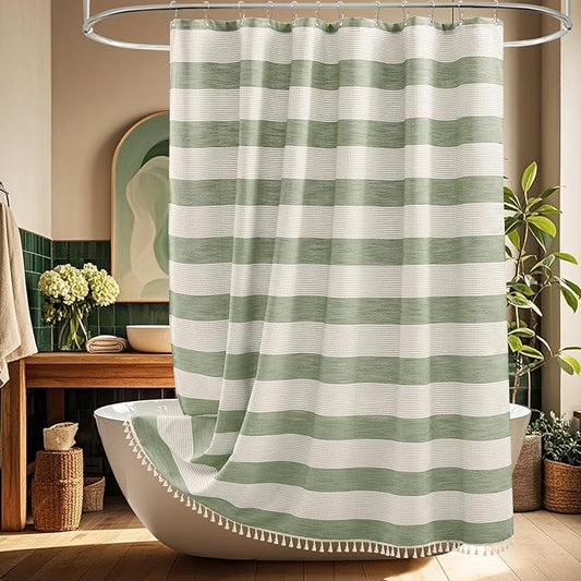 Boho Farmhouse Thick Shower Curtain with Tassels, 350GSM Cotton Linen Soft Fabric Shower Curtain Heavyweight, Sage Green Rustic Country Striped Bathroom Decor Curtain Water Repellent