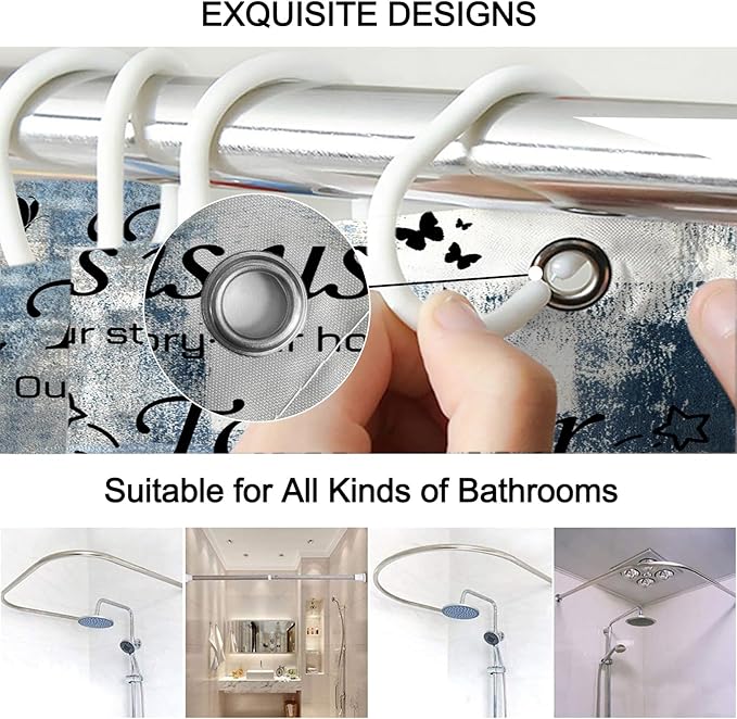 Lnond 4Pcs Bathroom Shower Curtain Sets with Rugs,Navy Blue and White Motivational Home Family Bathroom Sets with Shower Curtain and Rugs and Accessories