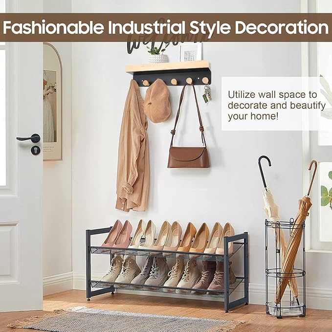 Gugxiom Wood & Metal Wall Mounted Coat Rack Shelf with Hooks, Pine Wood & Metal, Bathroom, Kitchen, Living Room, Entryways