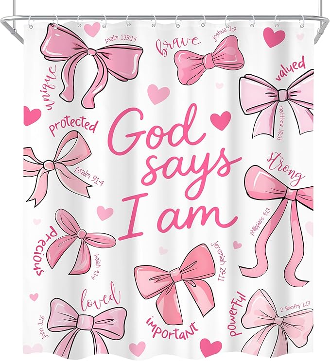 Cinbloo 4Pcs Pink Bow Shower Curtain Set, Retro Cute Coquette Vintage Girly Preppy Fashion Bathroom Curtain with Rug, Toilet Lid Cover, Bath Mat, Inspirational Quotes Shower Curtain with 12 Hooks