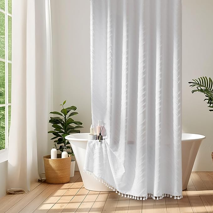 Extra Long White Boho Shower Curtain with Tassel, Woven Fabric 96 in Shower Curtain, Tufted Chevron Striped, 72 x 96, Modern Chic Textured Minimalist Shower Curtains for Bathroom