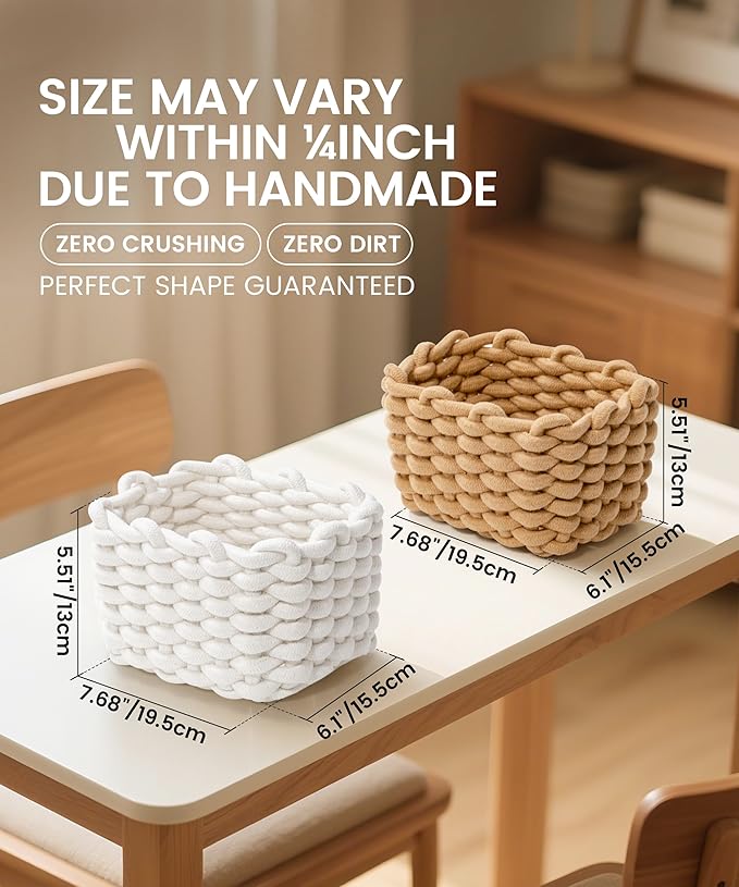 Storage Baskets 2 Pack, Macrame Woven Decorative Baskets for Vanity, Desk, Bathroom & Bedroom Organizer, Small Boho Cotton Rope Bins for Cosmetics, Office Supplies, Cream & Khaki, 7x5.5x5 Inches