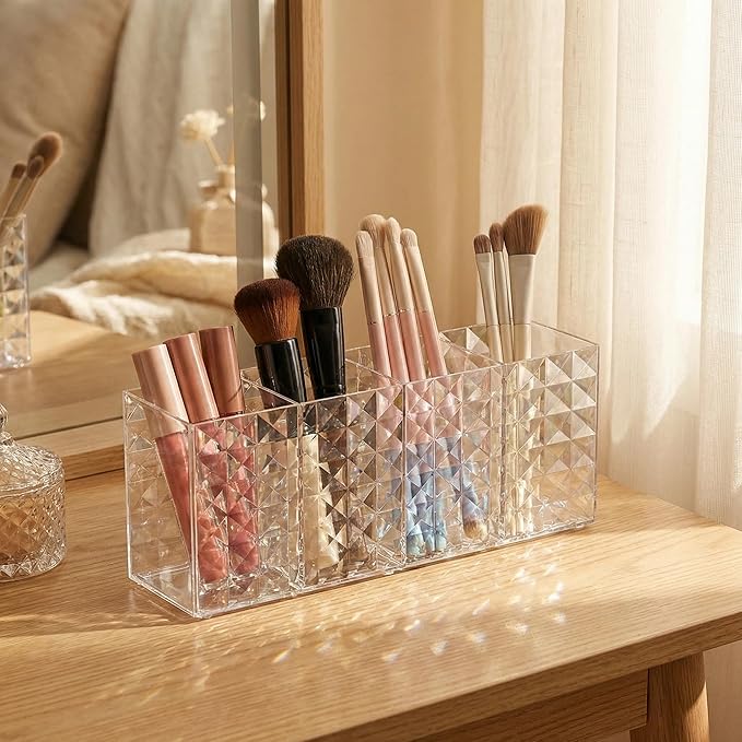 4 Compartment Makeup Brush Holder, Clear Cosmetic Organizer for Vanity, Multi-Function Pen Holder Makeup Storage Cup