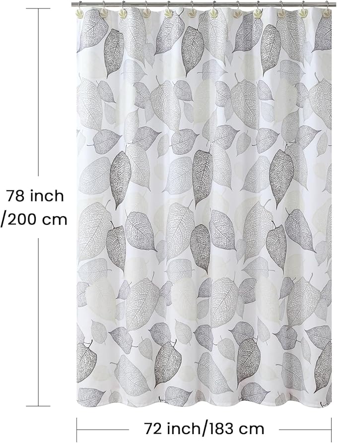 78 Inch Fabric Shower Curtain, Modern Leaf Print Waterproof Long Bath Curtain with White Background & Beige Grey Brown Leaves Design, 72" W x 78" H