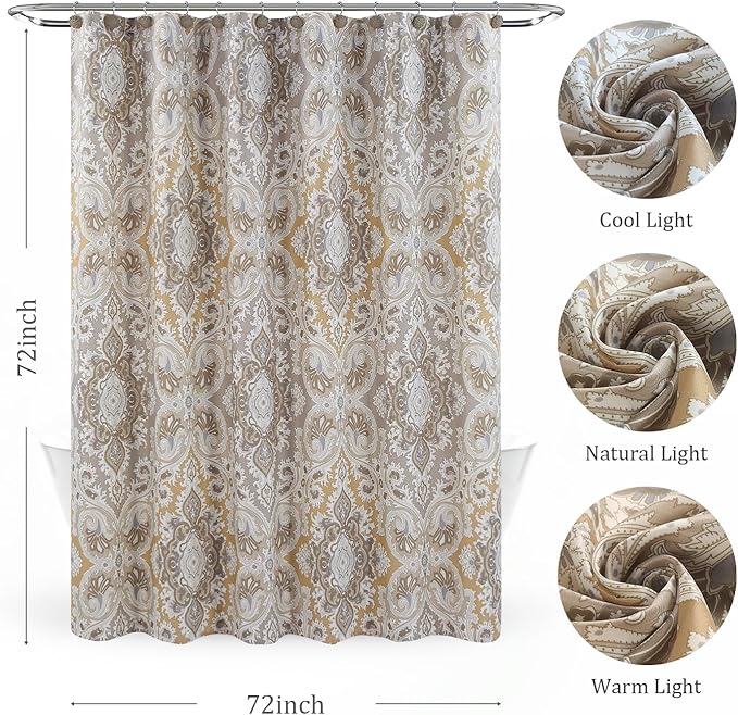 Waterproof Fabric Shower Curtain, Beige Grey Boho Paisley Damask Print Bathroom Curtain, 72" W x 72" H
