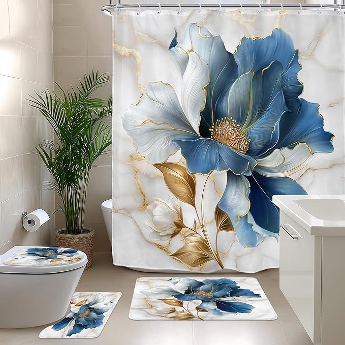 Riyidecor Blue Gold Floral 4Pcs Bathroom Shower Curtain Sets Abstract Minimalist Aesthetic Bathroom Decor Set with Rugs and Accessories Modern Toilet Lid Rug, Contour and Bath Mat with 12 Hooks