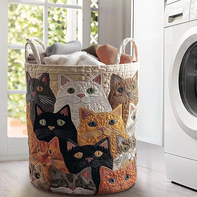 Cute Cat Quilted Laundry Basket with Handles, Boho Floral Fabric Quilted Laundry Basket, Large Soft Collapsible Storage Hamper for Nursery, Bedroom, Bathroom, Clothes & Toy Organization (#05)