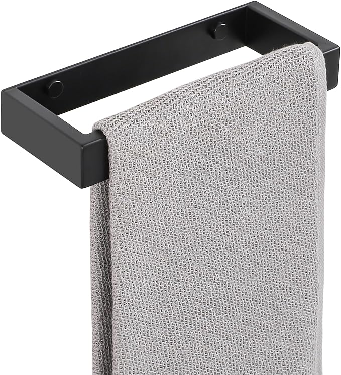 Sayayo Mate Black Towel Bar for Bathroom Wall, 8 Inch Hand Towel Holder, Screw or Self Adhesive Towel Ring Square SUS304 Stainless Steel, 3.2 Inch Wider Design