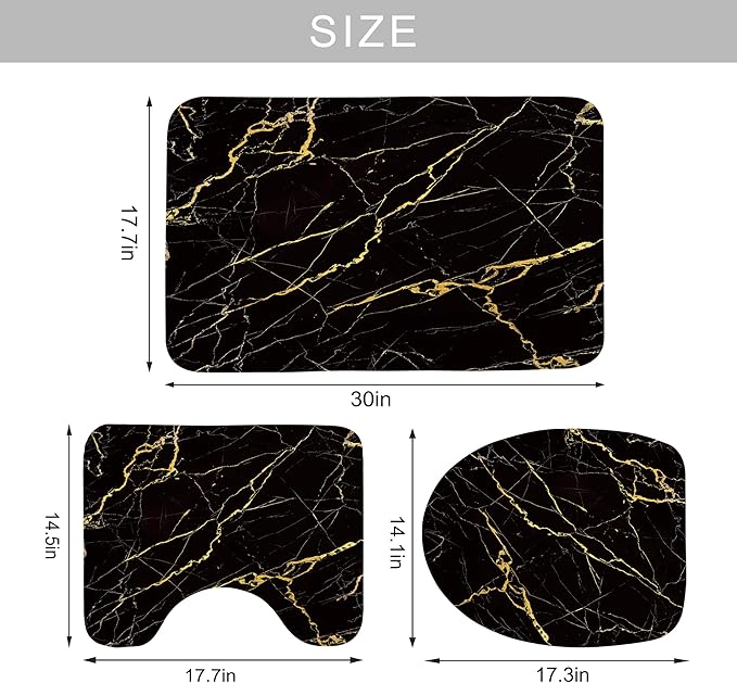 Newsely 4Pcs Black and Gold Marble Shower Curtain Set with Non-Slip Rugs, Toilet Lid Cover and Bath Mat, Abstract Crack Line Shower Curtain with 12 Hooks, Aesthetic Bath Curtain for Bathroom Decor