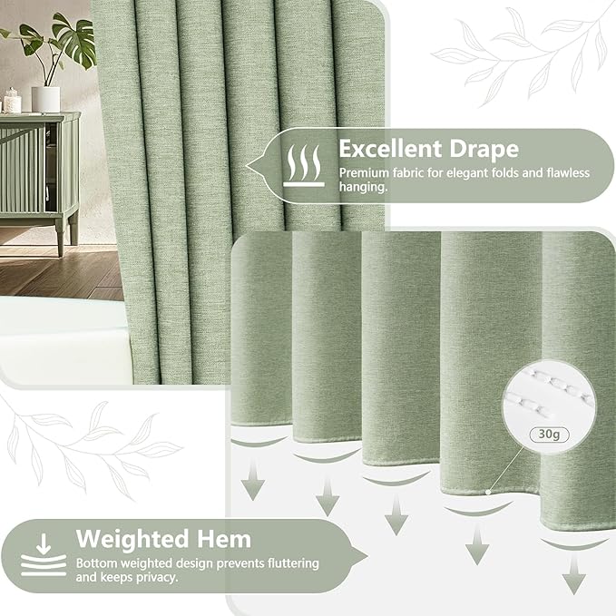 Sage Green Farmhouse Fabric Shower Curtain, 72 x 84 Inch Extra Long Natural Faux Linen Textured Shower Curtain Washable, Water-Resistant Country Rustic Thick Bathroom Curtain Ultra-Durable