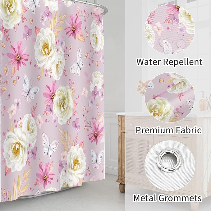 Pink Floral Shower Curtains, Watercolor White Roses Pink Pyrethrum Flower and Butterflies Shower Curtains, Waterproof Fabric Spring Floral Pattern Bathroom Shower Curtain, 72 x 72 Inch