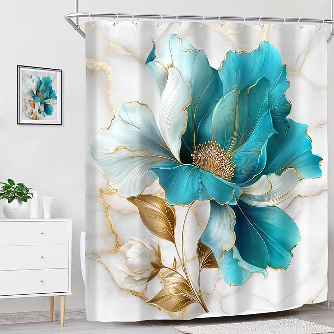 Riyidecor Teal Gold Marble Floral Shower Curtain for Bathroom Decor 60Wx72H Modern Turquoise Ombre Flower Abstract Luxury Minimalist Art Printed Fabric Polyester Waterproof 12 Pack Plastic Hooks