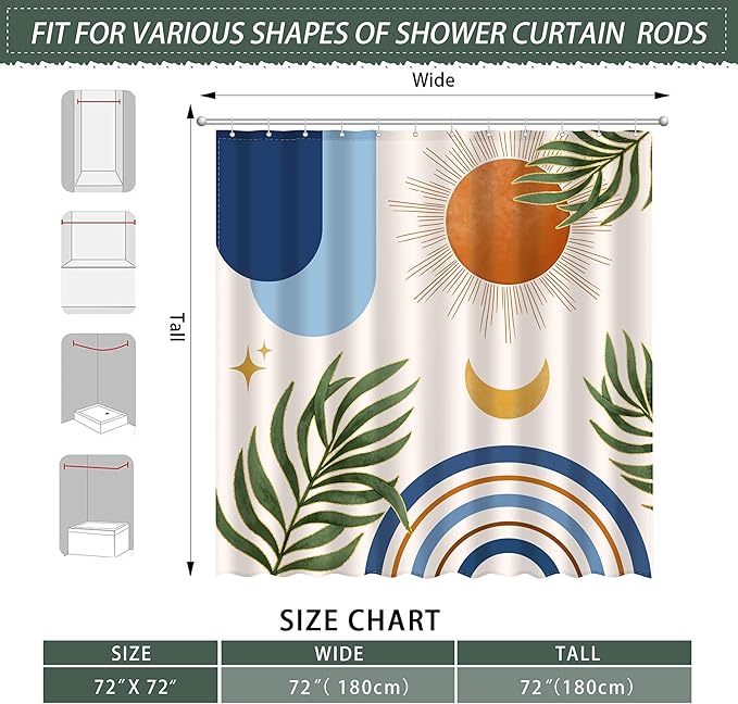 Boho Mid Century Shower Curtain, Bohemian Blue Minimalist Simple Aesthetic Modern Bathroom Decor, Colorful Rainbow Sun Moon Natural Botanical Leaves Fabric Cloth Bath Curtain 72x72 Inches