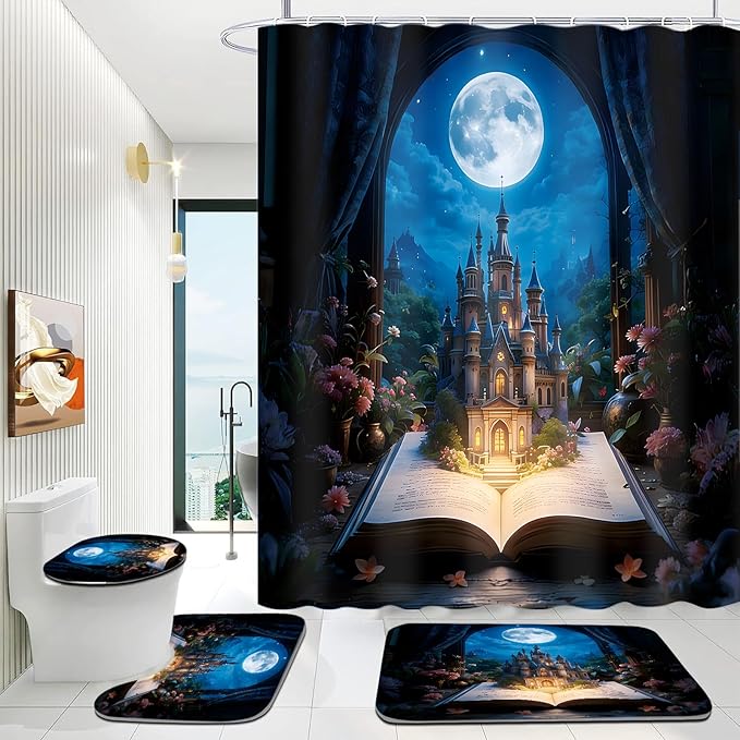Yizheer Luxury 4Pcs Book Flower Castle Shower Curtain Set, Moon Pattern Castle Waterproof Bathroom Decor Kit (Shower Curtain + Bath Rugs + Toilet Lid Cover + Hooks), Elegant Curtain for Bathroom