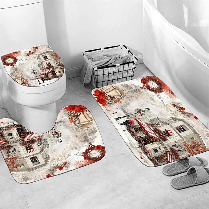 Chrainy 4Pcs Snowy Streets Shower Curtain Sets Red Floral Bathroom Set Decor with Non-Slip Rugs Bath U-Shaped Mat Toilet Lid Cover Waterproof Valentines Bathroom Curtains Shower Set with 12 Hooks