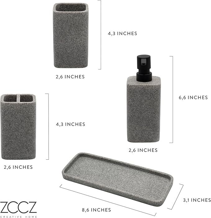 ZCCZ Bathroom Accessory Sets, 4 Pieces Bathroom Accessories Complete Set Vanity Countertop Accessory Set, Includes Lotion Dispenser Soap Pump, Tumbler, Toothbrush Holder and Tray (Grey)