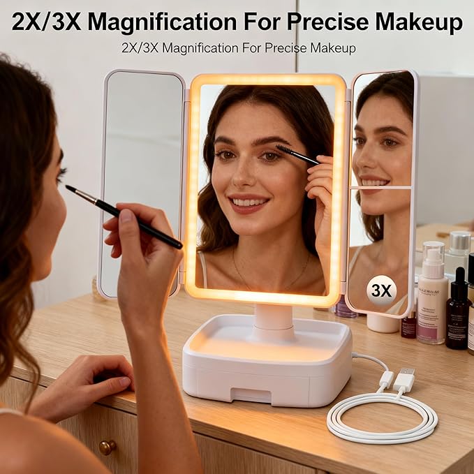 Makeup Mirror with LED Light, 1X/2X/3X Magnification, Rechargeable Vanity with Storage Box, Touch Control 3-Color Lighting, Portable Trifold Mirror, Gift for Her(White)
