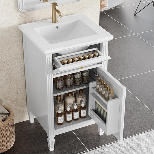 Virubi 20 in Small Bathroom Vanity with Sink,Soft Closing Door,Tilt-Out Drawer and Adjustable Shelf,Solid Wood Modern Single Bathroom Sink Cabinet,Freestanding (White)