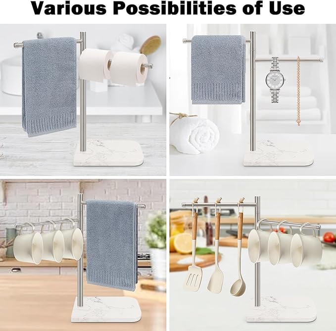 Standing Hand Towel Holder, Hand Towel Stand with Marble Base, 304 Stainless Steel Towel Rack with 2 Swivel Arm, Countertop Stand Towel Ring Towel Bar for Bathroom (Brushed Nickel