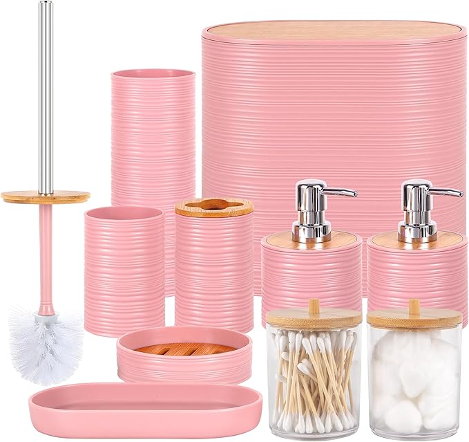 Bathroom Accessory Set,10 PCS Pink Bathroom Accessories Set with Trash Can, Toothbrush Holder, Soap Dispenser, Toothbrush Cup, Vanity Tray, Soap Dish, Toilet Brush, Qtip Holders