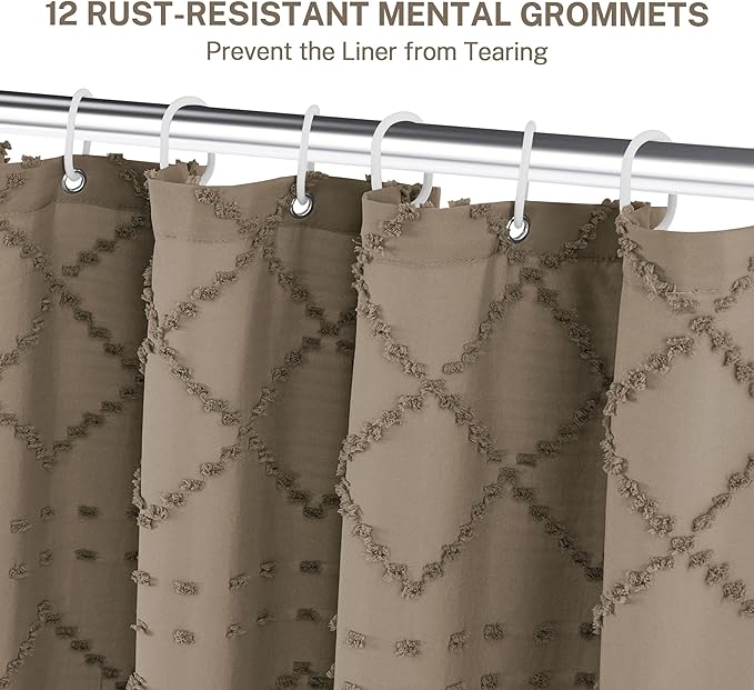 Boho Farmhouse Shower Curtain Woven Fabric Khaki Shower Curtain, 72 x 78 Tufted Chevron Textured Striped Modern Farmhouse Minimalist Shower Curtains for Bathroom
