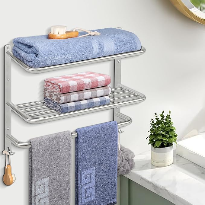 NearMoon Bathroom Towel Rack, 3-Tier Towel Holder with Hooks, SUS304 Stainless Steel Towel Hanger, Wall Mounted Towel Shelf Storage, Bathroom Accessories (22 Inch, Brushed Nickel)