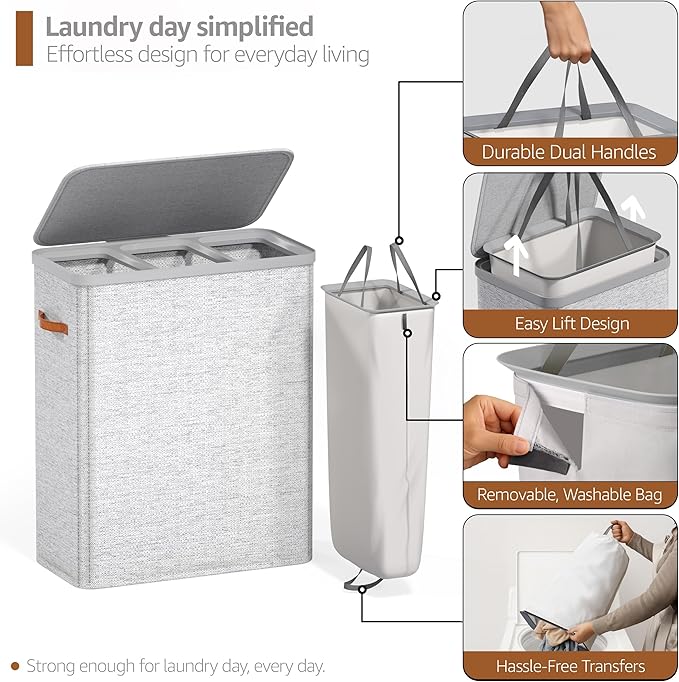 Sorbus Laundry Hamper with Lid - Collapsible 3-Compartment Fabric Laundry Basket with Handles and Removable Laundry Bag – 50 Gallon (190 L) Dirty Clothes Hamper for Bedroom, bathroom and dorm (Gray)