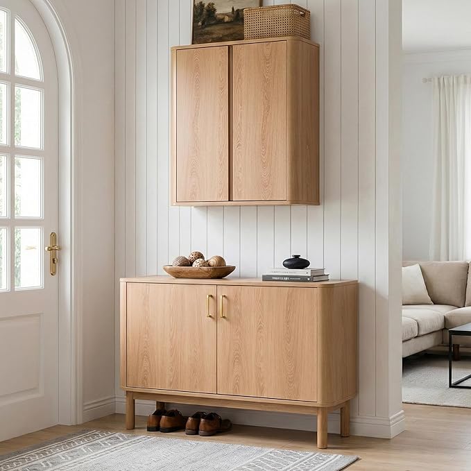 VANIRROR Wall Mounted Bathroom Cabinet, Premium Medicine Cabinet with Safe Rounded Edges, 2-Door Wood Storage Organizer with Adjustable Shelves for Laundry, Kitchen