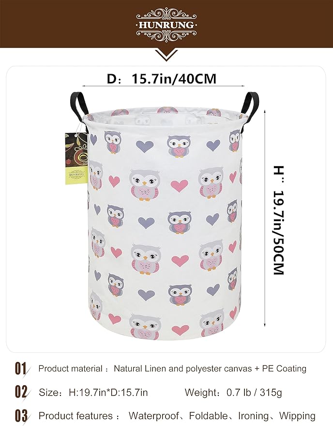 HUNRUNG Laundry Hamper,Large Canvas Fabric Lightweight Storage Basket Toy Organizer Dirty Clothes Collapsible Waterproof for College Dorms???Round-Love Owl???