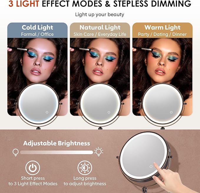 9" Wall Mounted Lighted Makeup Mirror,4000mAh Rechargeable Double Sided 1X/30X Magnifying Mirror with Light,Touch Dimmable,Extended Arm 360 Rotation Wall Mounted Makeup Mirror 3 Color Lights-Bronze