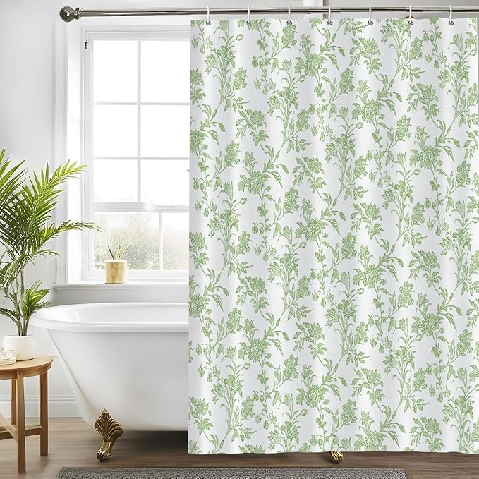 Seorsok Green Shower Curtain,Sage Floral Cotton Linen Cottagecore,Elegant Floral Fabric Shower Curtain Machine Washable Waterproof Bathroom Decor 60'Wx72'L inches